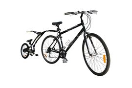Trailer bikes attach to an adult bike to enable a child to ride tandem style. 